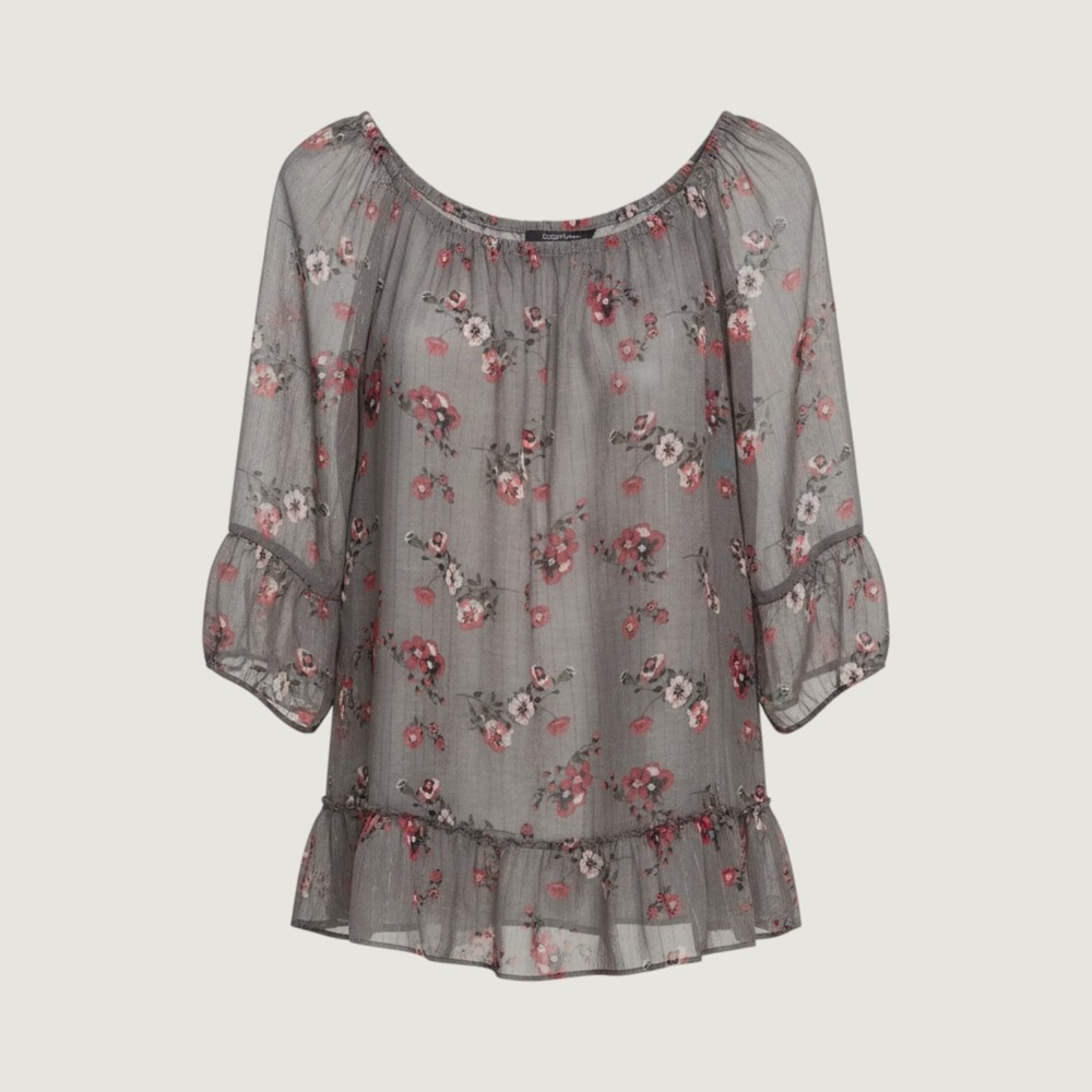 Massini Floral Peasant Blouse Grey Red Metallic Stripe Ruffle Top Womens 3X